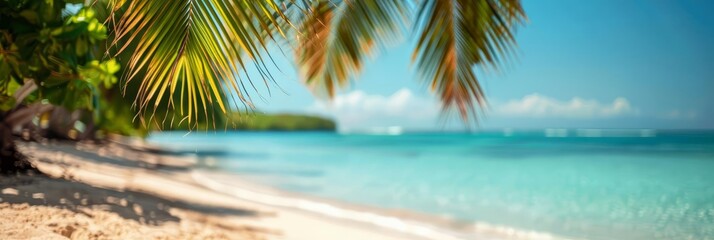 Tropical beach with palm trees and a thatched umbrella