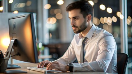 Busy latin professional business man, serious young businessman worker software developer using pc computer technology typing working late at night sitting at workplace desk in dark office.
