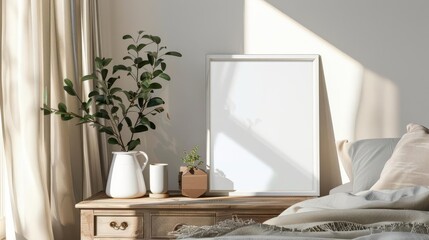 Minimalist bedroom with white frame mockup and sunlight