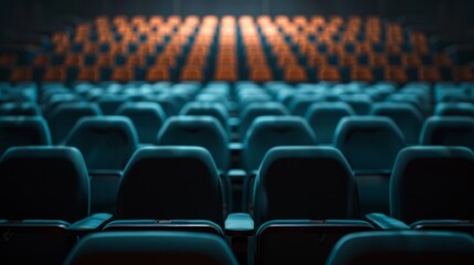 Naklejka premium Empty blue cinema seats with the screen and spotlight in the background.