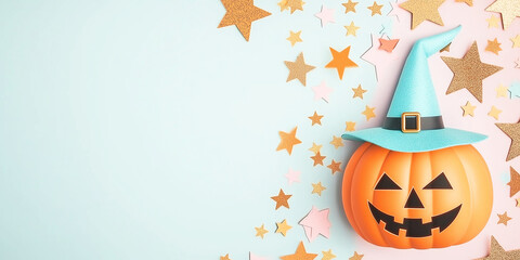 Jack o lantern with stars decorations and wide copy space for halloween background