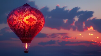 Fototapeta premium Hot air balloon with neon patterns on its envelope, glowing softly against the twilight