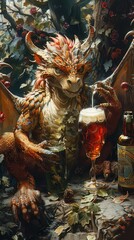 Fototapeta premium Illustrate a mythical beer garden where legendary creatures share ancient brews, marking International Beer Day