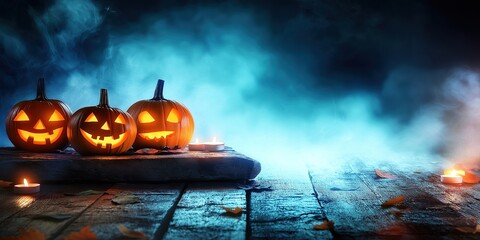 Rustic Wooden Table with Spooky Halloween Pumpkins