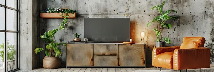 Living room with a TV cabinet and leather armchair, set against a concrete wall
