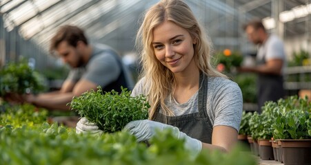 Obraz premium A blonde woman in her thirties working in a greenhouse with green plants and colleagues in the background.
