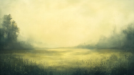 Obraz premium Misty Meadow Landscape Painting Golden Hour Sunrays