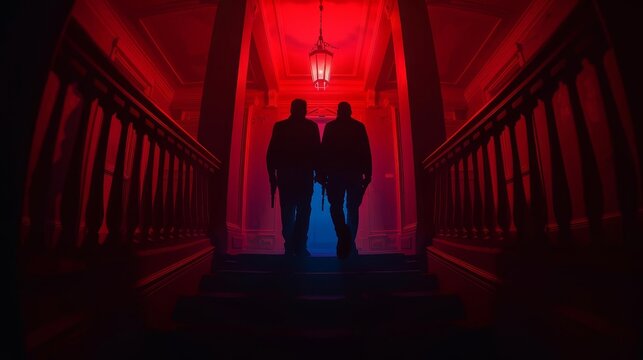 Two figures walk up a dimly lit staircase in a red-lit hallway.