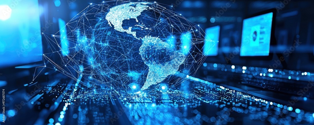 Poster digital globe with connected network lines on a blue background showcasing global communication in t