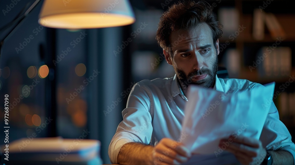 Aufkleber a man is sitting at a desk with a stack of papers in front of him