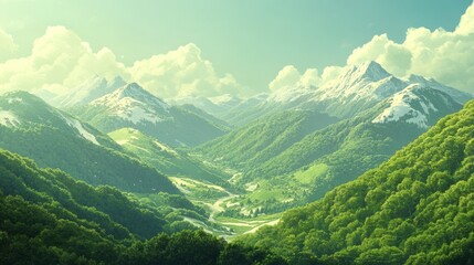 Obraz premium An Anime Scene Depicting Majestic Mountains Surrounded By Lush Green Trees Under A Clear Blue Sky.