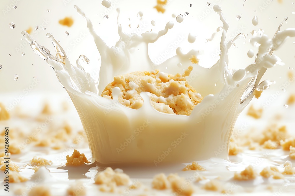 Poster a close-up view of a cookie sinking into a splash of milk, with milk and crumbs surrounding the cook