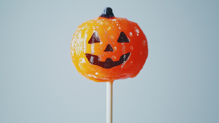 A Halloween candy with a pumpkin face on it. The candy is orange and has a black nose and mouth