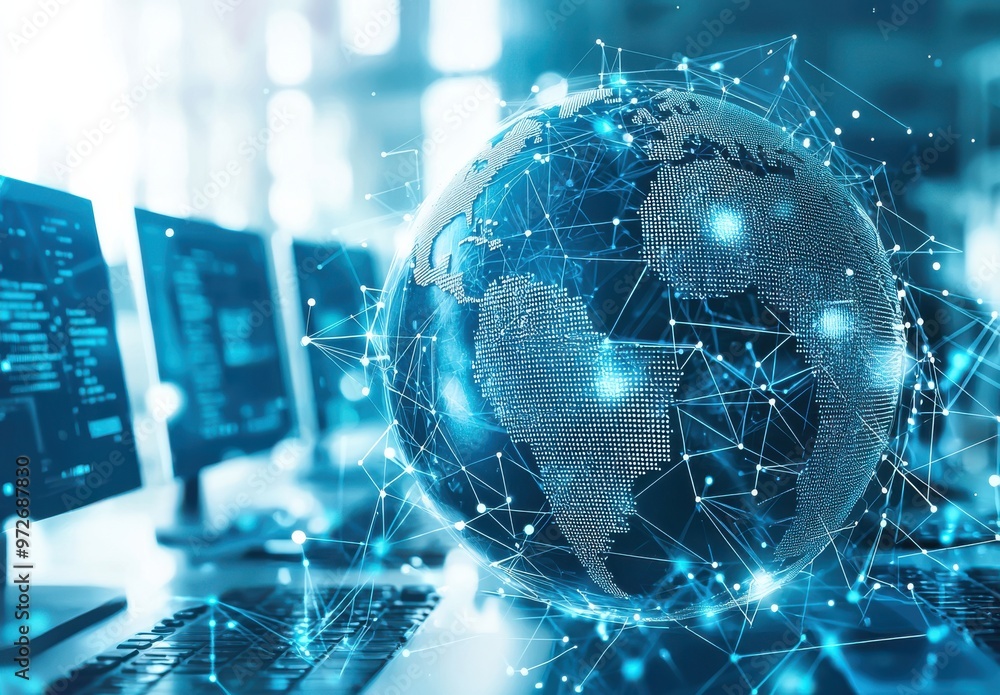Aufkleber digital earth representation with global network connections on a blue background in a modern techno