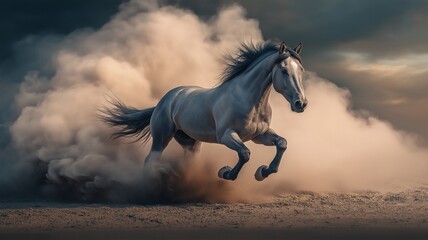 Fototapeta premium dynamic of a horse in full gallop, kicking up clouds of dust as it charges forward.