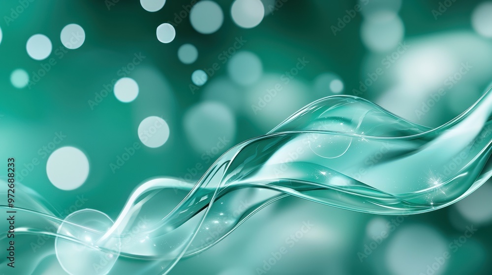Poster abstract teal fluid waves with soft glowing circles in a serene composition.