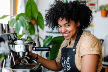 Smiling Barista Making Coffee in a Cafe