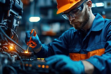 Mechanic performing a battery test in a garage, preparing the car for winter cold starts Car battery test, Winter vehicle readiness