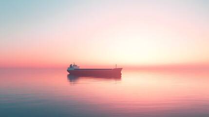 Obraz premium minimalist scene of a cargo ship at sea, the stillness of the water reflecting the delicate colors of a fading sunset
