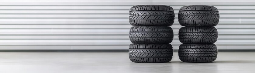 Snow tires stacked in a garage next to a car, ready to be installed, symbolizing preparation for safe winter driving Snow tires, Winter car readiness