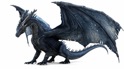 a large winged dragon with very dark blue, almost black, scales. The dragon looks stoich. He scars on his face. show the whole dragon isolated on white background