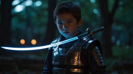 A boy dressed as a futuristic samurai, with a glowing katana and cybernetic armor.