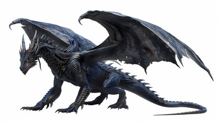 Fototapeta premium a large winged dragon with very dark blue, almost black, scales. The dragon looks stoich. He scars on his face. show the whole dragon isolated on white background