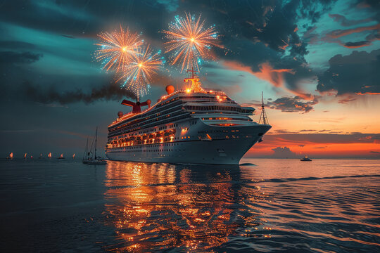 A luxury cruise ship sails on the sea against the background of sunset. Fireworks as a holiday concept. Christmas trip. - Powered by Adobe