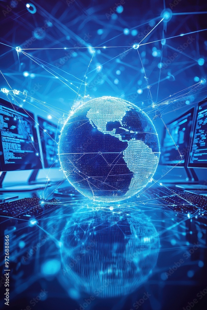 Poster digital representation of earth with interconnected network nodes on a blue technological background