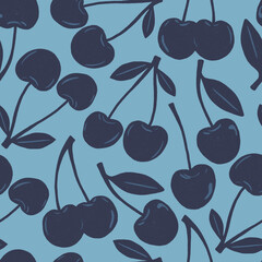 Seamless pattern of doodle hand drawn cherry fruit in monochromatic blue colors. Silhouettes of berries allover background for textile, fabric, wallpaper or packaging print
