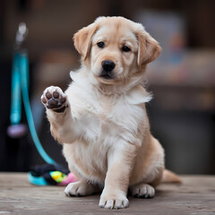 A puppy sits on a wooden table, playfully raising its paw in a charming pose.