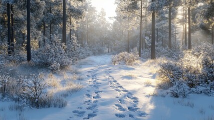Fototapeta premium Snowy woodland trail with animal tracks in the snow, and tall pines covered in frost. 4K hyperrealistic photo.