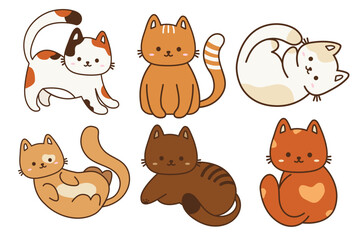 Set of cute colored kawaii cats. Vector cartoon flat illustration collection. Funny playful kitty isolated on white background. Cats in different poses. Pet shop logo