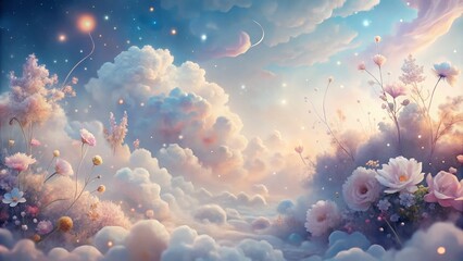 Soft, pastel-hued clouds drift across a serene digital landscape, surrounded by delicate, hand-drawn florals and