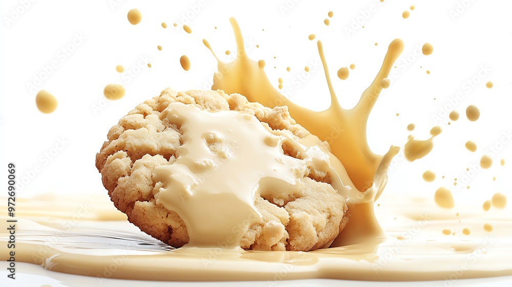 Poster a cookie sinking into a pool of creamy milk, creating a splash and droplets.