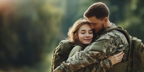 A heartwarming embrace between a soldier and a loved one, symbolizing love and support amidst challenging times.