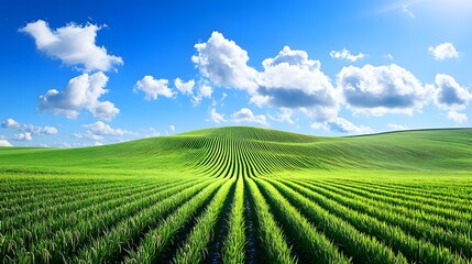 A vast field of lush green wheat crops stretches out under a bright blue sky with fluffy white clouds.