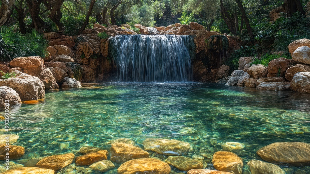 Poster serene waterfall cascading into a clear pool surrounded by rocks.