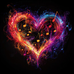 Flowing musical notes forming a heart, with vibrant lines symbolizing the rhythm and emotion experienced through music