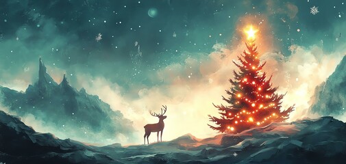 Obraz premium Majestic winter landscape featuring a decorated Christmas tree and a solitary reindeer under a starry night sky.