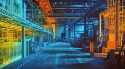 Fototapeta premium Heatmap of a factory floor, with warm colors highlighting areas of high activity and heat, cooler tones representing less active or air-conditioned zones. 4K hyperrealistic photo.