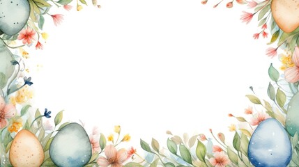 Watercolor Floral Border with Easter Eggs - Springtime Celebration Frame, Flowers, Leaves, Pastel Colors
