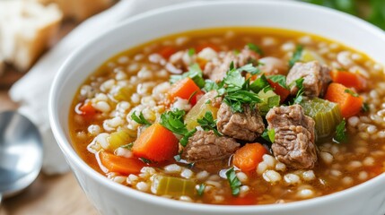 A bowl of barley soup with mixed vegetables, lean beef, and a sprinkle of fresh parsley.