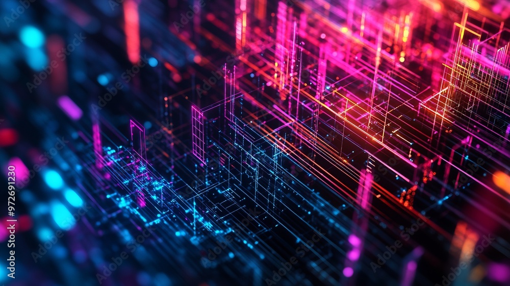 Poster a complex yet visually appealing image featuring a grid of colorful rectangles and lines representin