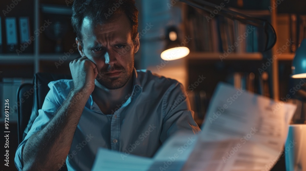 Aufkleber a man is sitting at a desk with papers in front of him