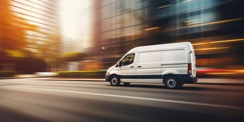 White commercial delivery van on the street with motion blur background