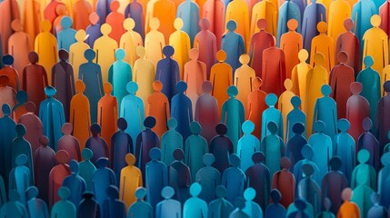This image features a lively assembly of colorful paper human figures set against a gradient background, symbolizing unity and diversity with vibrant hues from blue to orange.