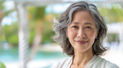 Fototapeta premium Middle-aged businesswoman relaxing in a serene environment, with a calm expression and stylish shirt.
