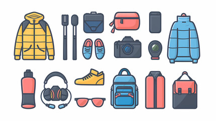 A simple vector icon illustration depicting the group of travel items at center for a website isolated white background