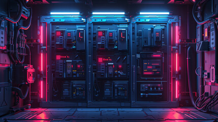 Futuristic server racks in a sci-fi environment with vibrant neon lighting, showcasing a high-tech atmosphere